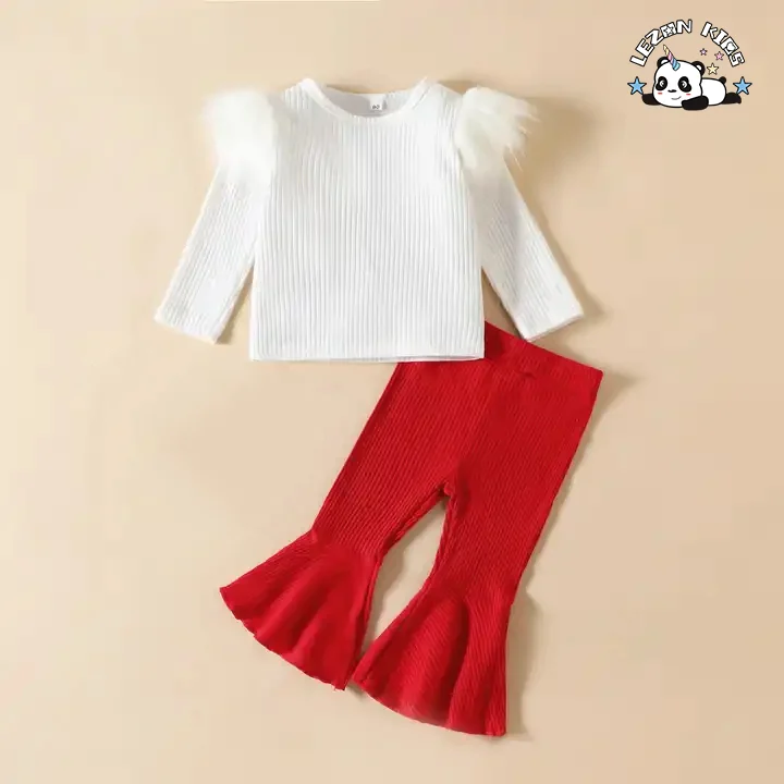 LEZONKIDS - New Children's Clothes Girls' Suit Pit Strip Cotton Long-Sleeved Top Flare Pants Two-Piece Set